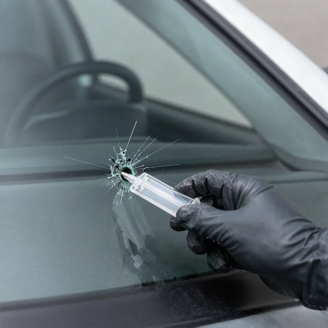 A gloved technician injecting resin into a star-shaped rock chip on a car windshield.