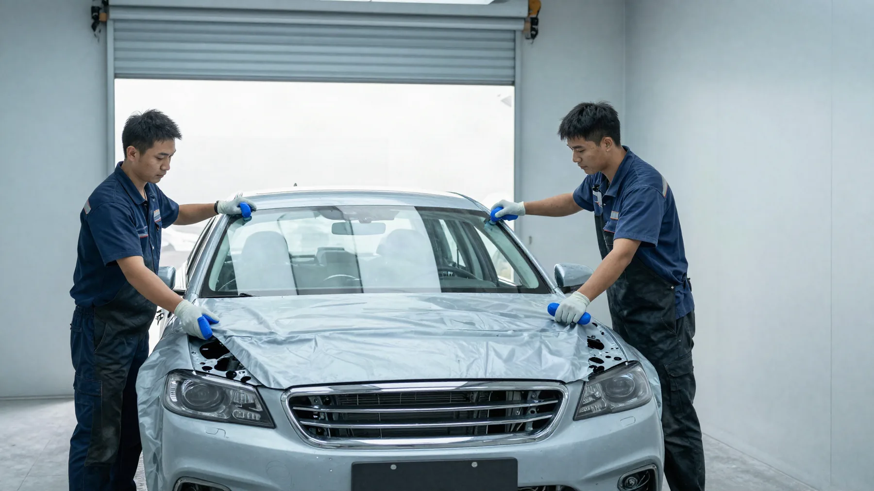 Two auto glass technicians laying a protective cover over a silver sedan's hood before replacing its windshield in the shop bay.