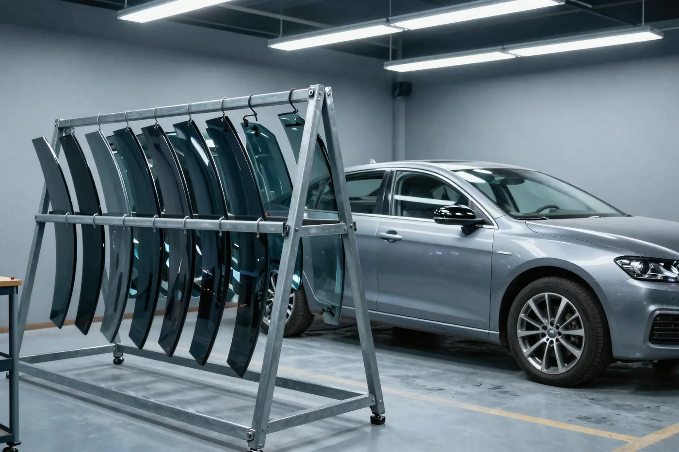 A rack of curved replacement windshields standing beside a car in the shop bay.